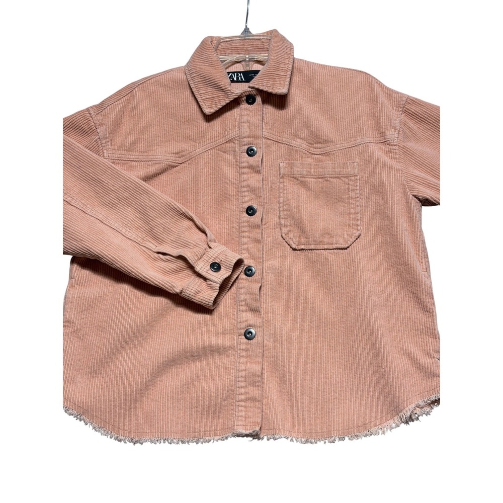 Zara Womens‎ XS Peach Pink Corduroy Frayed Hem Shacket Button Up Jacket 0487